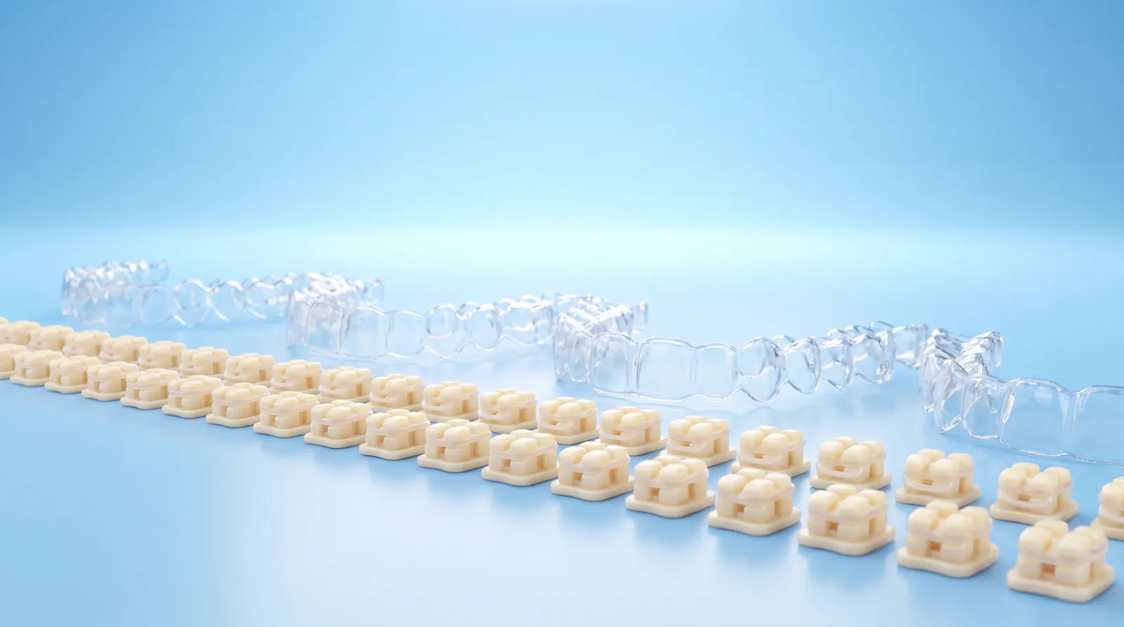 A row of small tooth coloured brackets and a row of clear aligner trays, laid out together