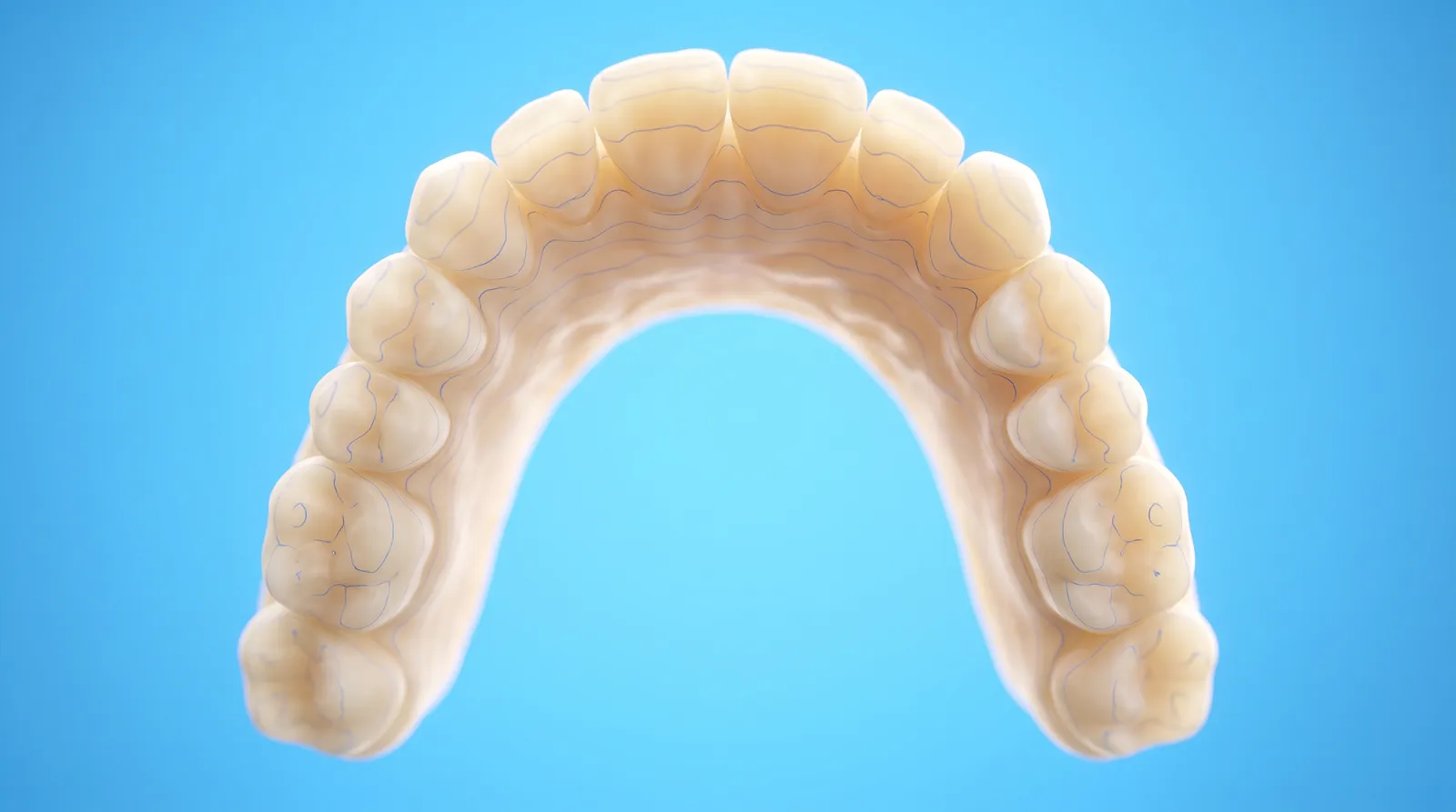 A see-through scan model of a dental arch with fine contour lines across its surface