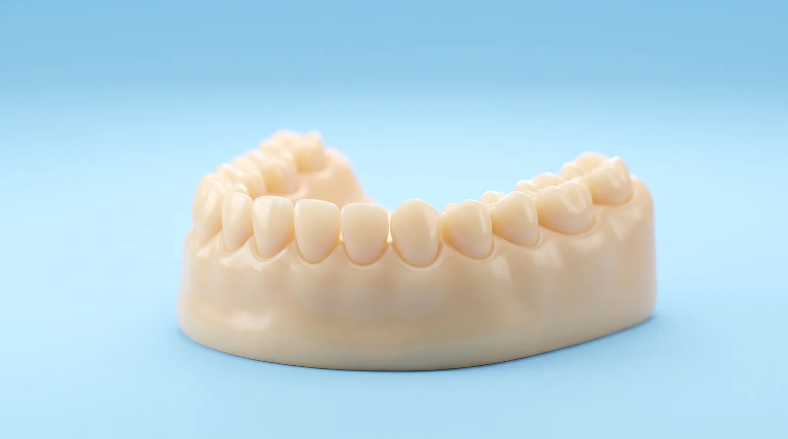 A very small child sized dental arch model with small milk teeth, alone in the frame