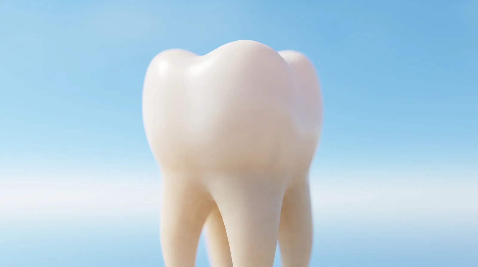 A single small milk tooth standing alone, seen from a low angle