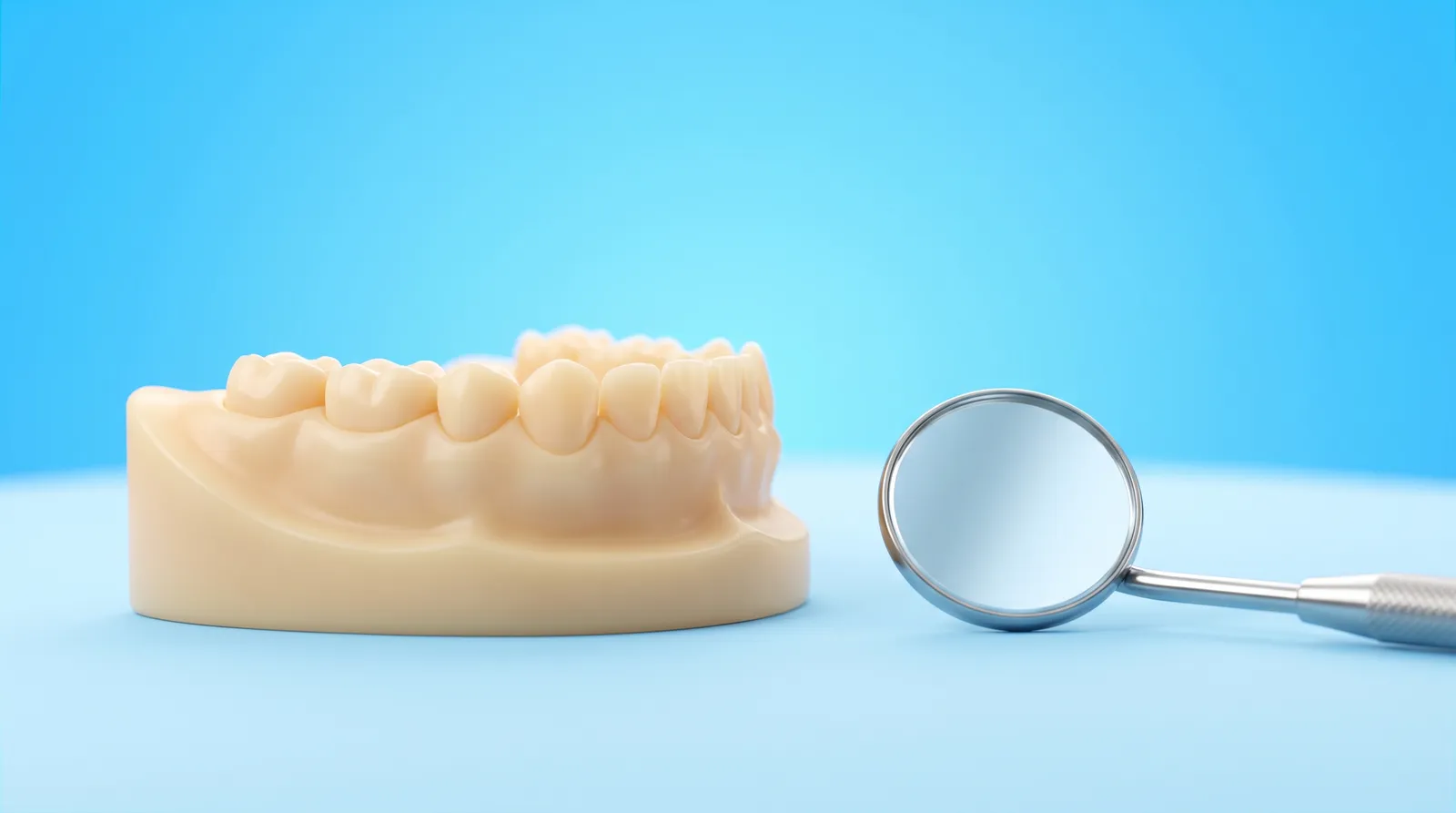 A small child sized dental arch model beside a tiny mirror, laid out neatly