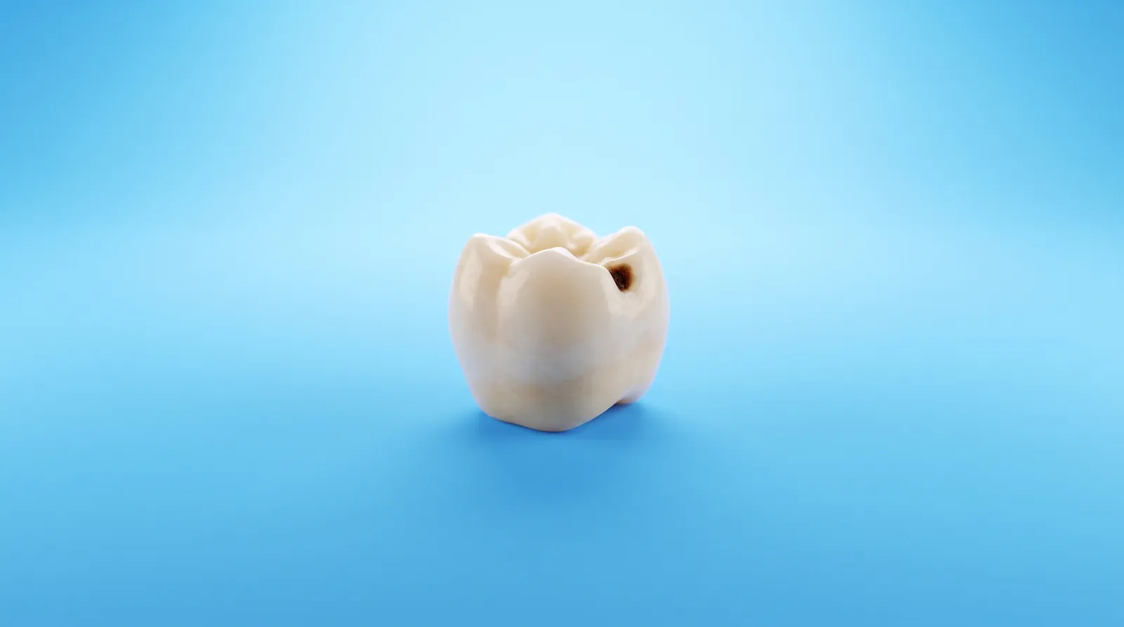 A small milk tooth with a dark spot on one side, alone in the frame