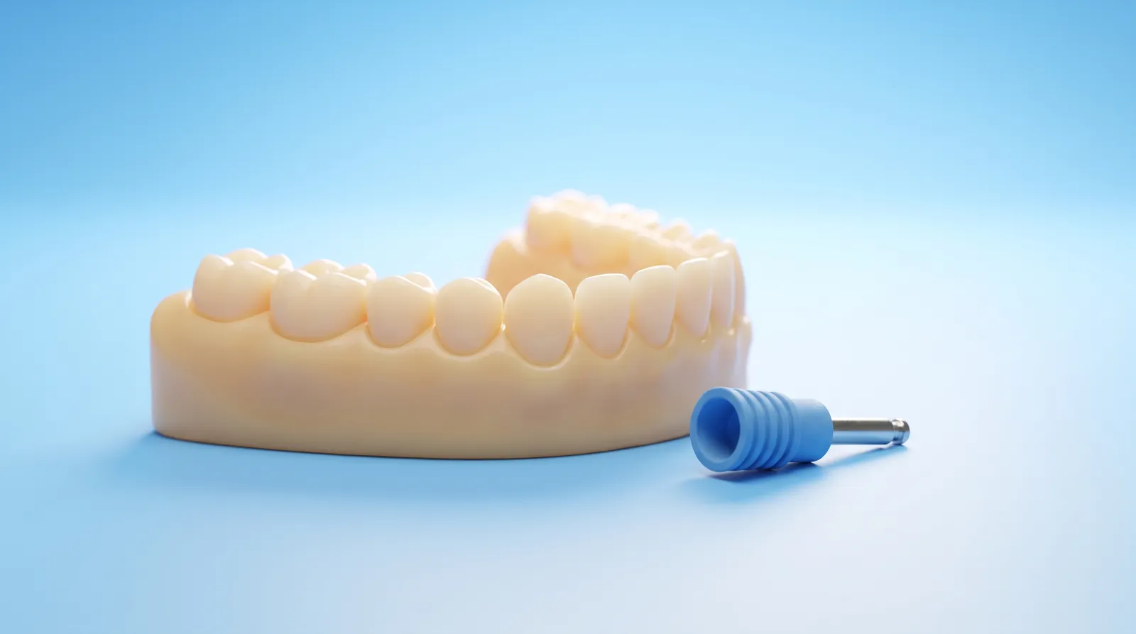 A small child sized dental arch model and a tiny polishing cup resting together