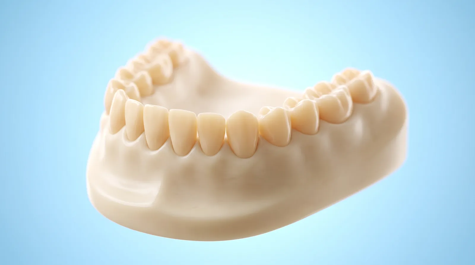 A small child sized dental arch model of clean healthy milk teeth, seen from a low angle