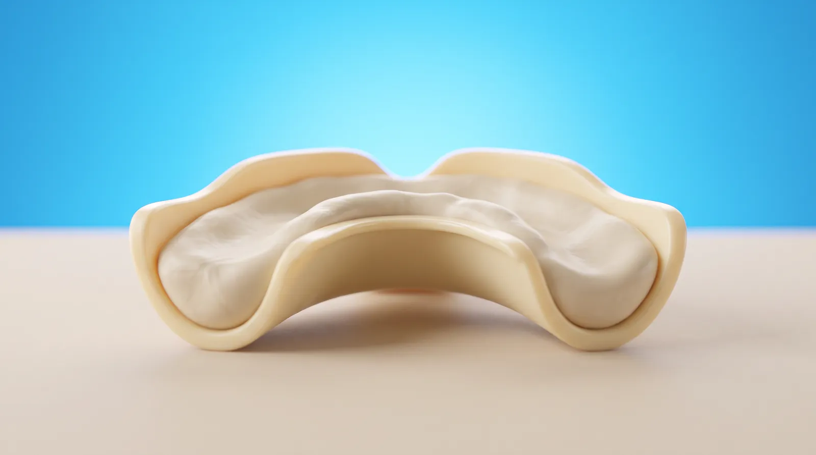 A home impression tray filled with soft putty, resting on a plain surface