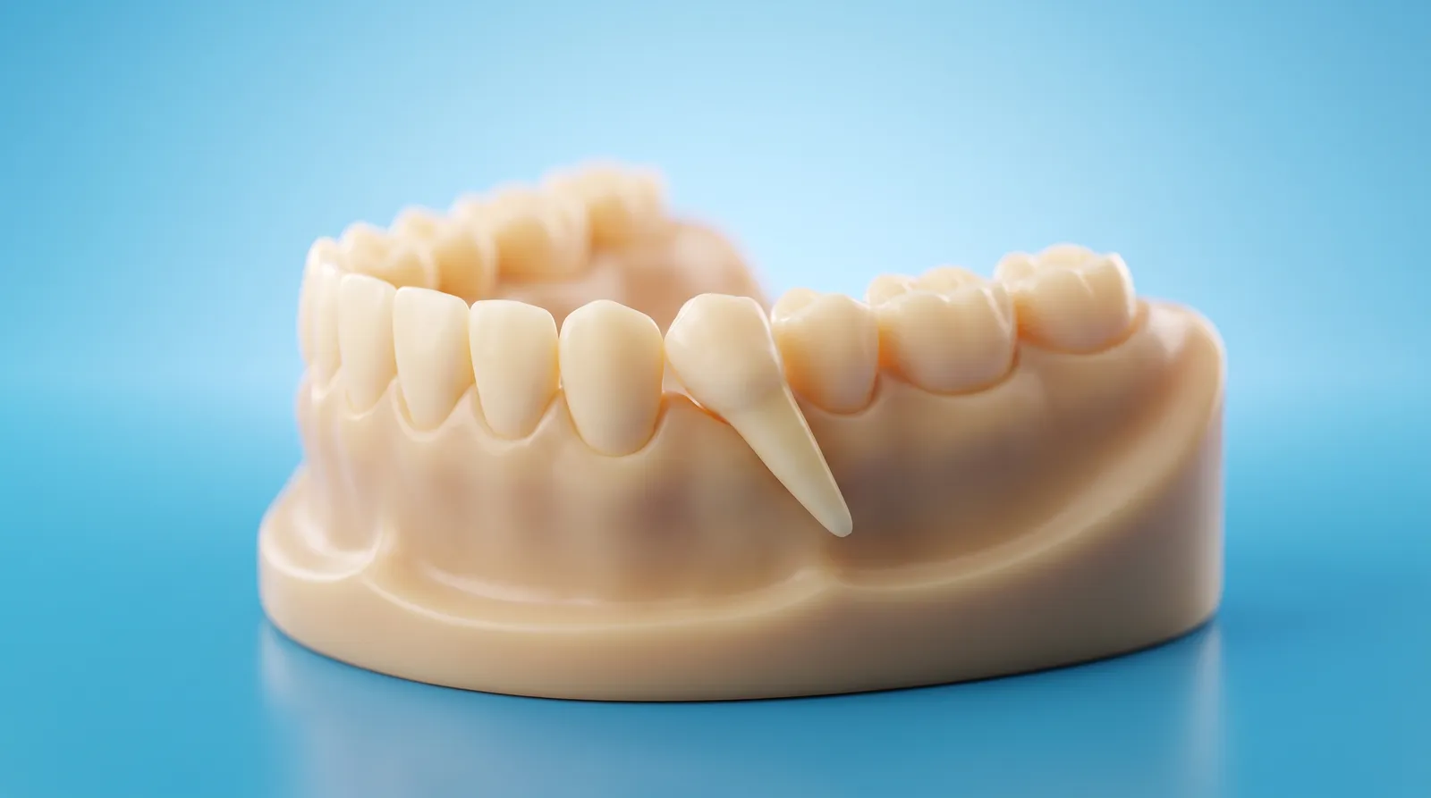 A dental arch model with one tooth tipped over at an awkward angle out of the row