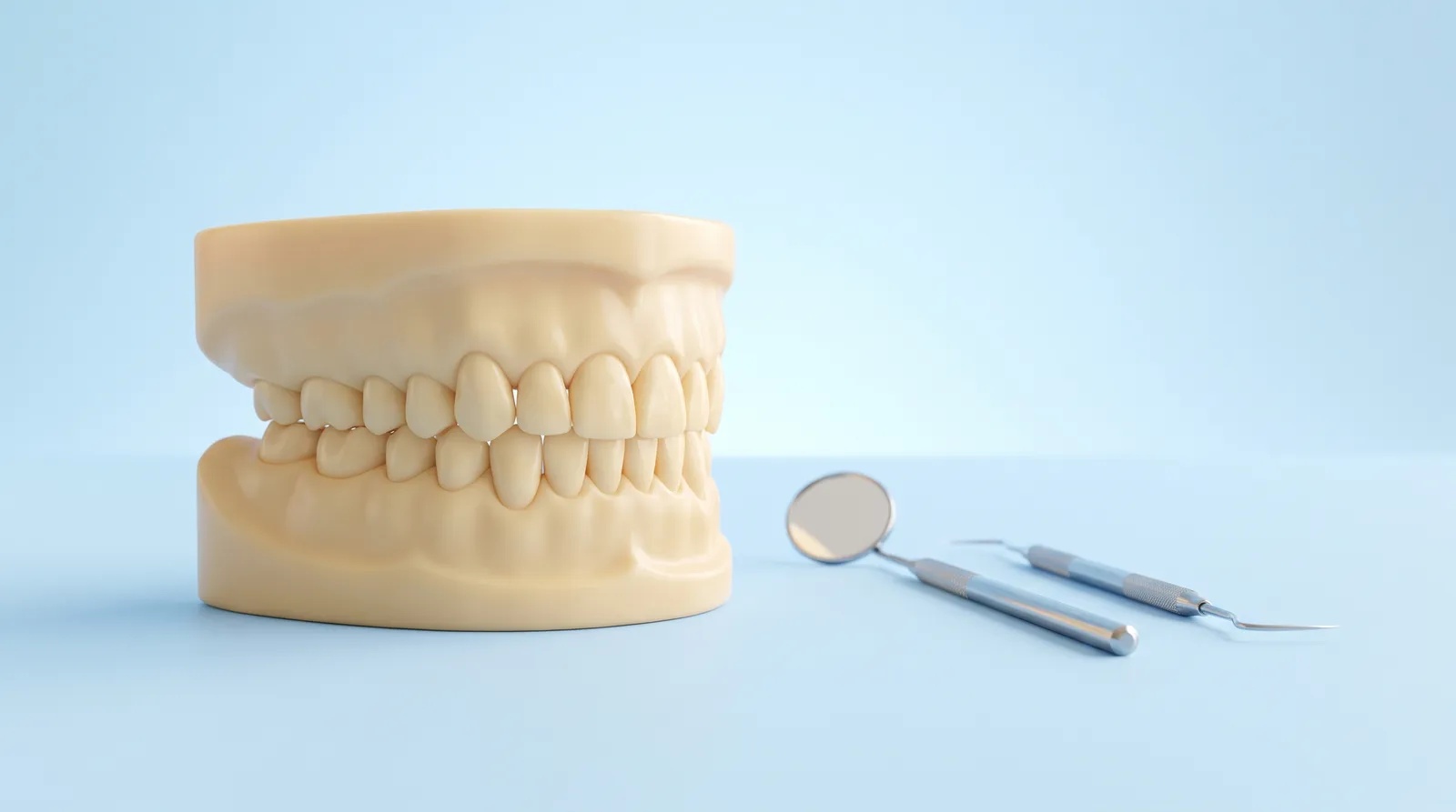 A dental arch model beside a small mirror and probe, laid out ready