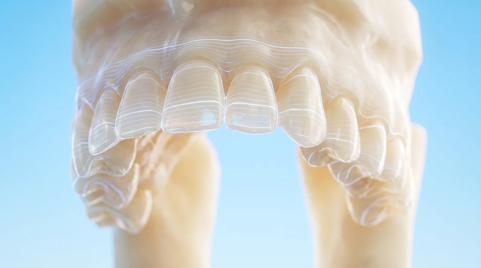 A see-through scan model of a dental arch with fine contour lines across its surface