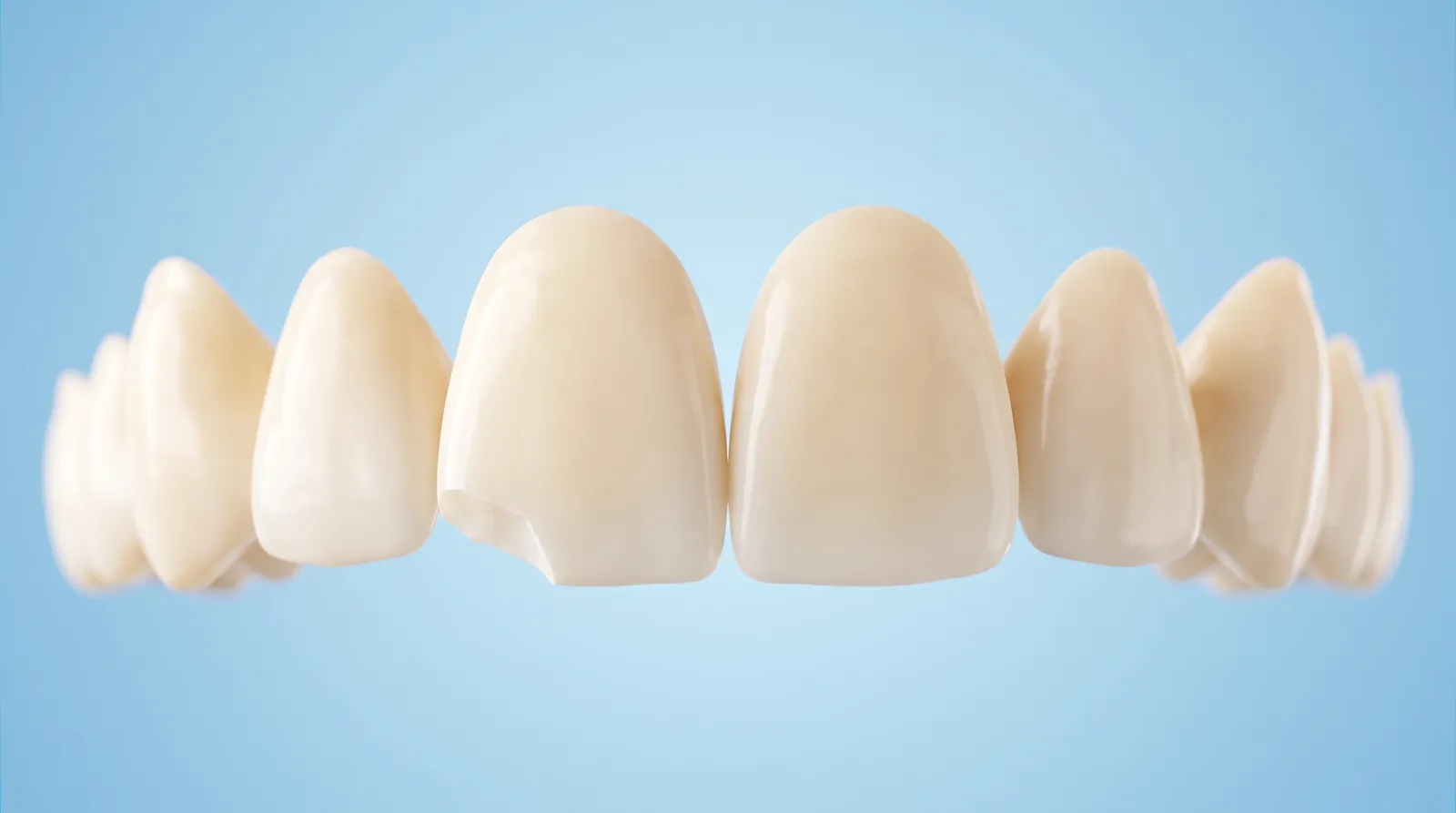 A row of upper front teeth, one with a small chipped corner
