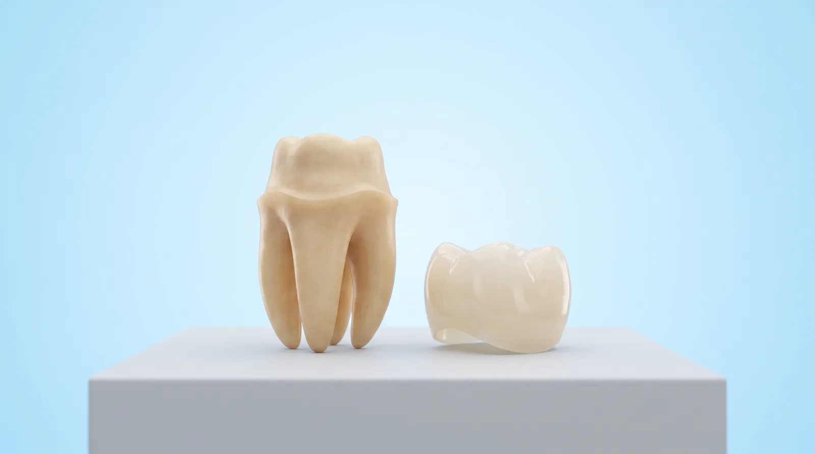 A tooth prepared down to a small tapered stump beside a ceramic crown