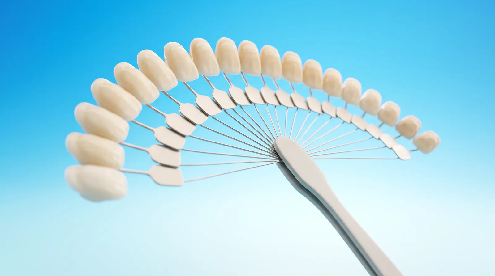 A dental shade guide, a row of small flat porcelain shade tabs held in a fanned arc on a slim handle