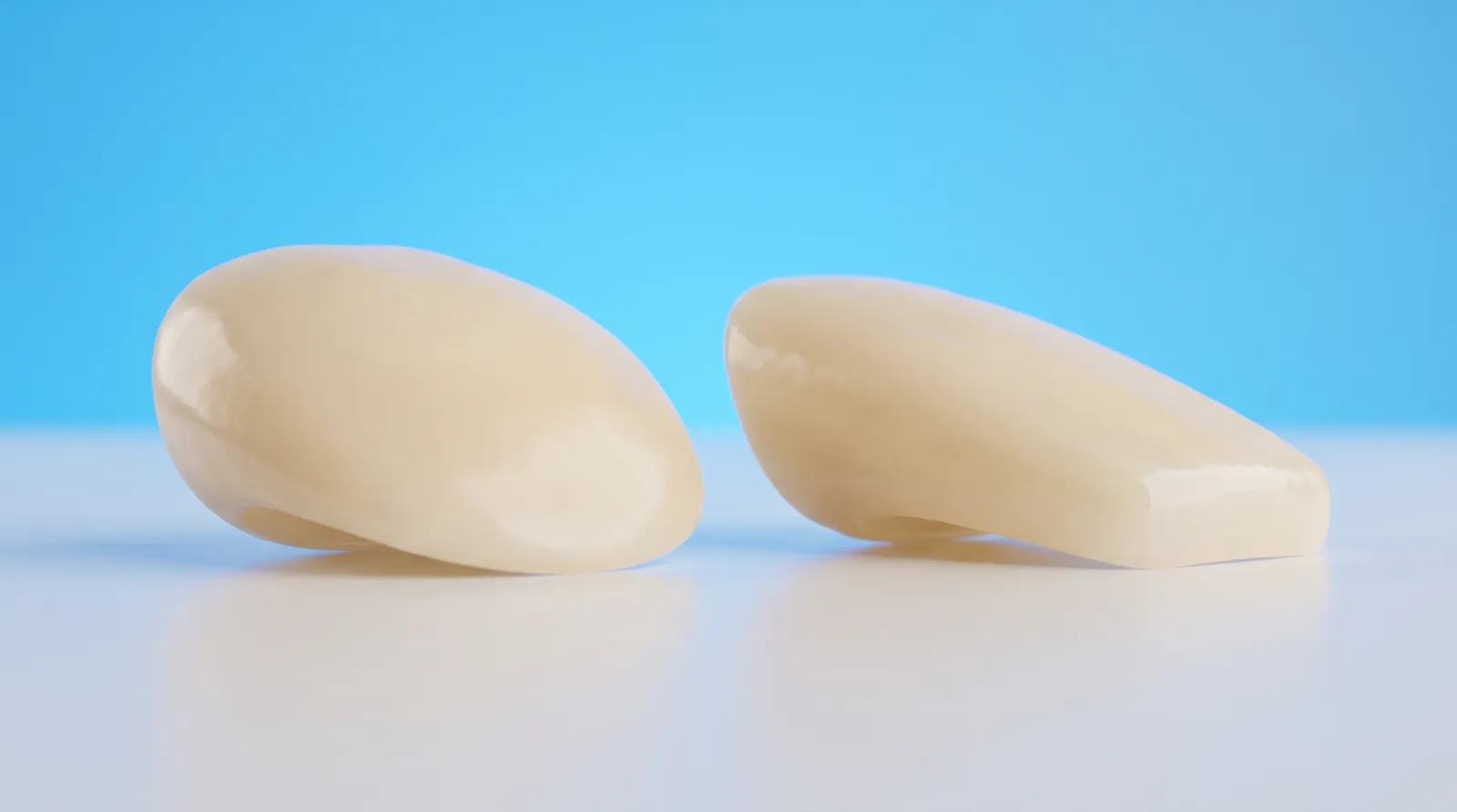 Two porcelain veneer shells side by side, the same colour but clearly different shapes