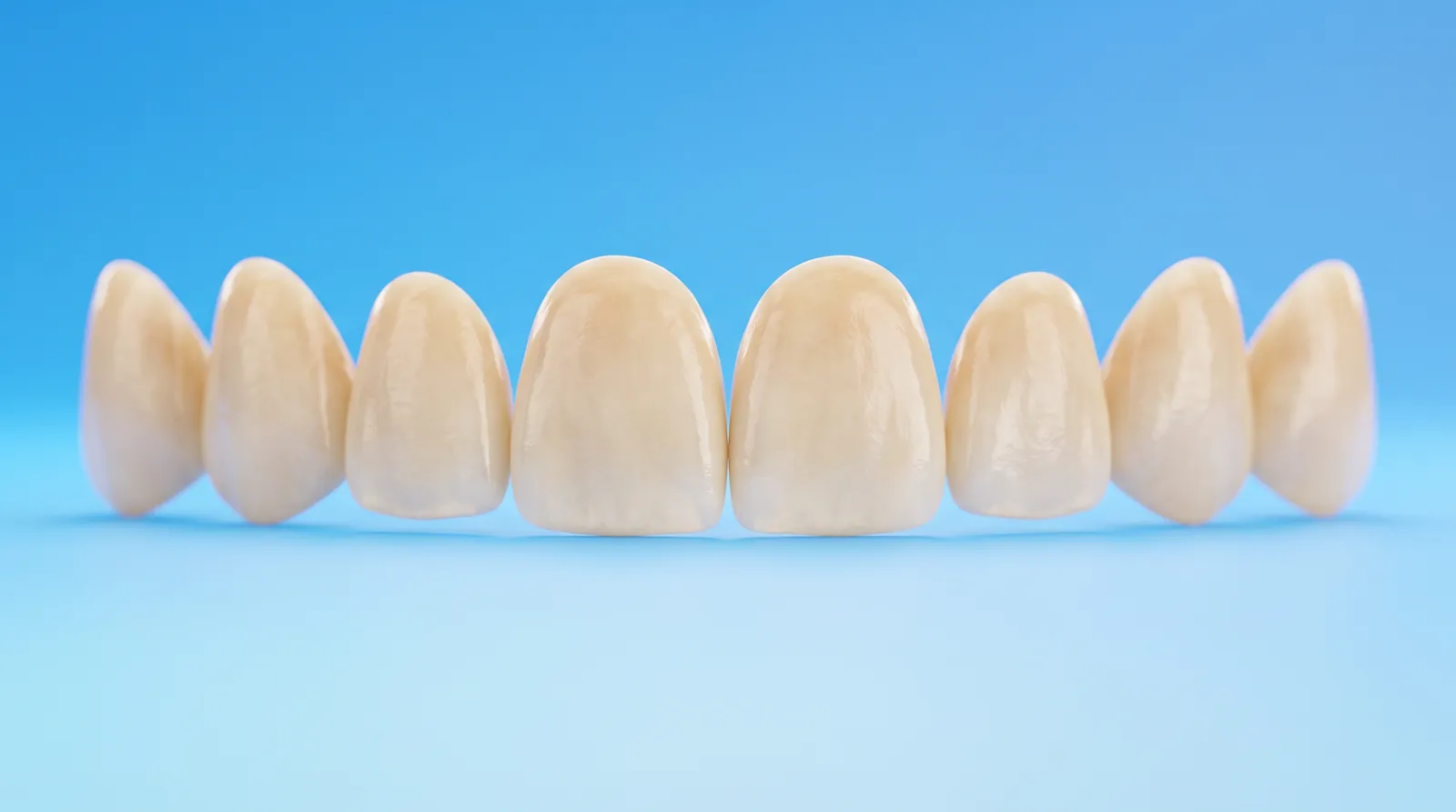 Eight identical porcelain veneer shells in a rigid row, all exactly the same width