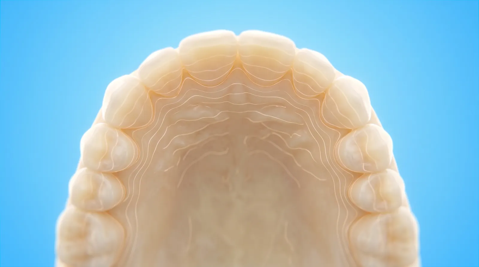 A translucent digital model of an upper dental arch with fine contour lines across its surface