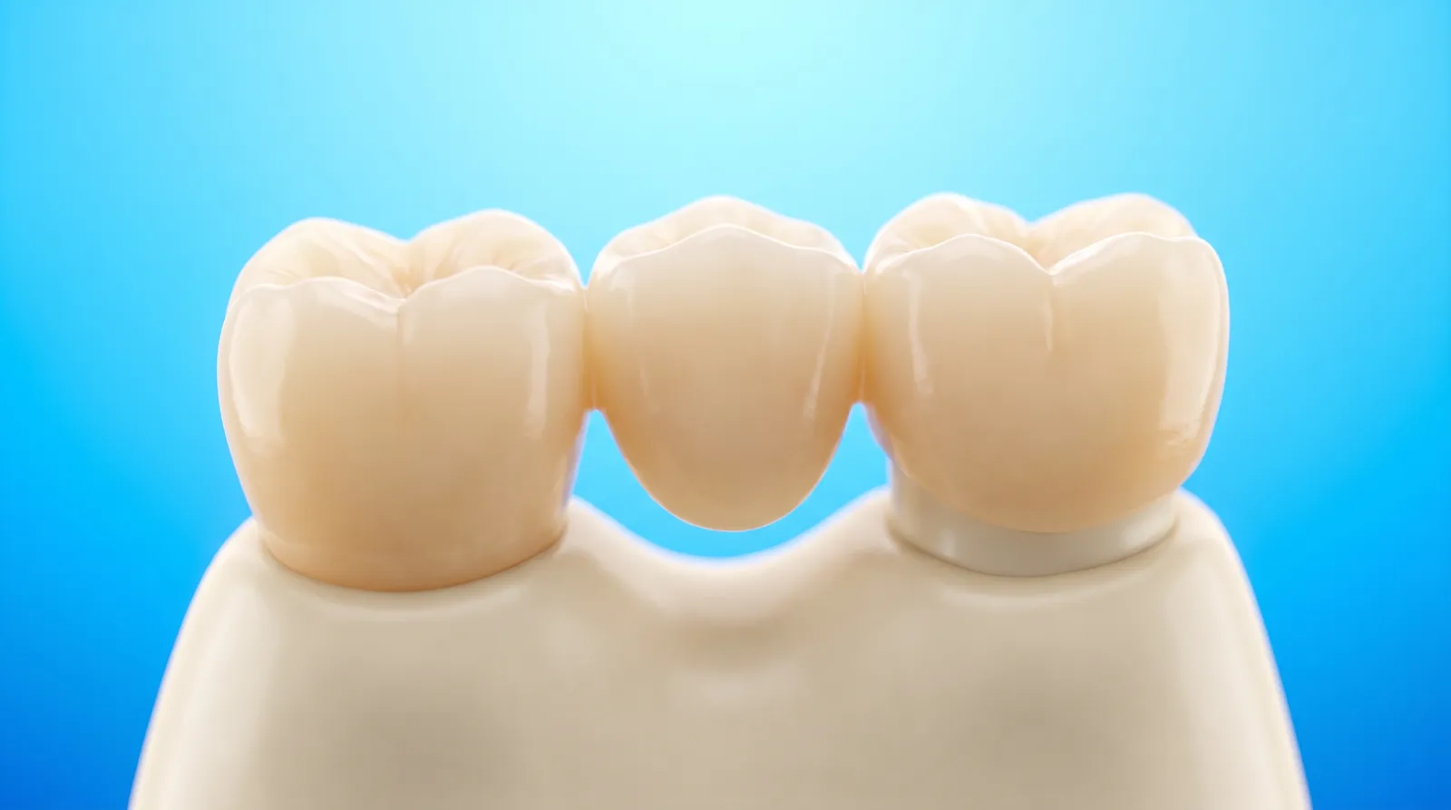 A three unit dental bridge with two crowns and a false tooth suspended between them
