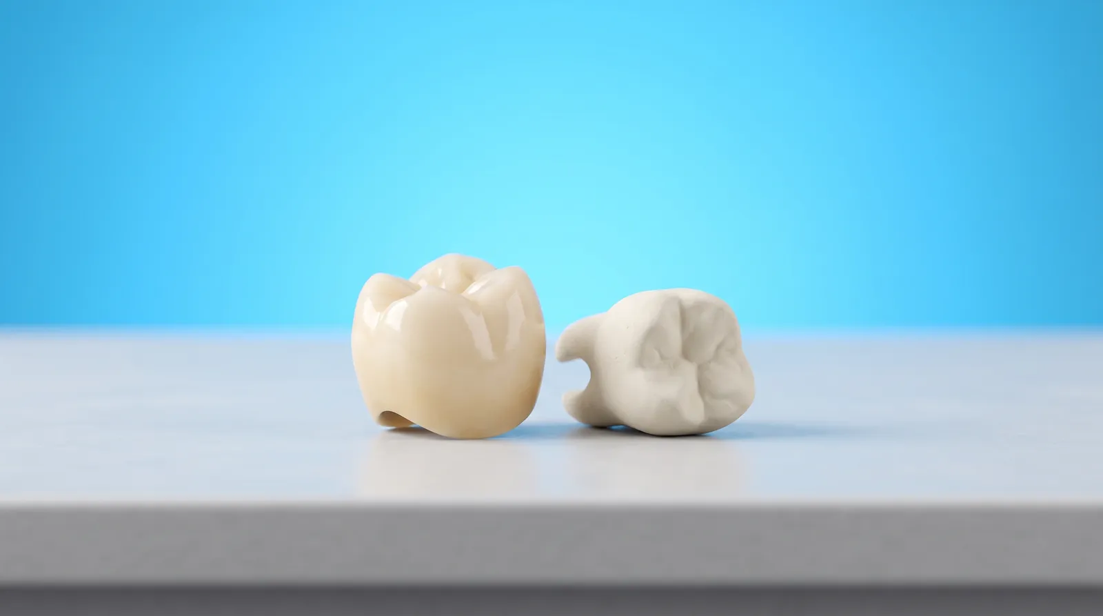 A ceramic crown and a small dental die model resting together on a workbench surface