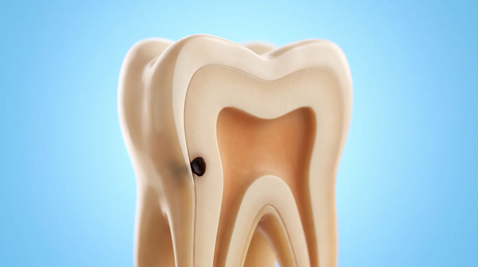 A cut-through of that same molar with a small dark spot hidden inside its wall