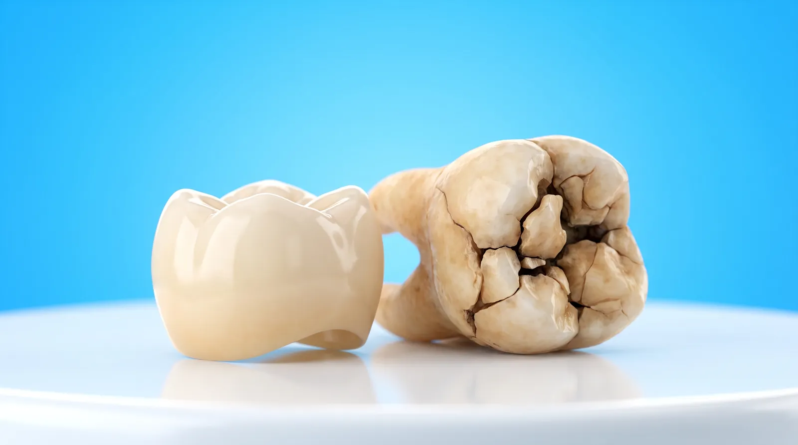 A ceramic crown resting beside a heavily damaged molar
