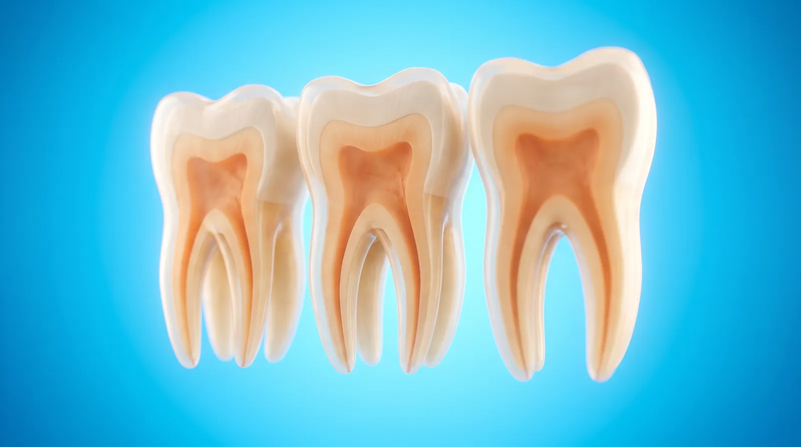 A see-through scan view of several molars side by side with their inner structure visible