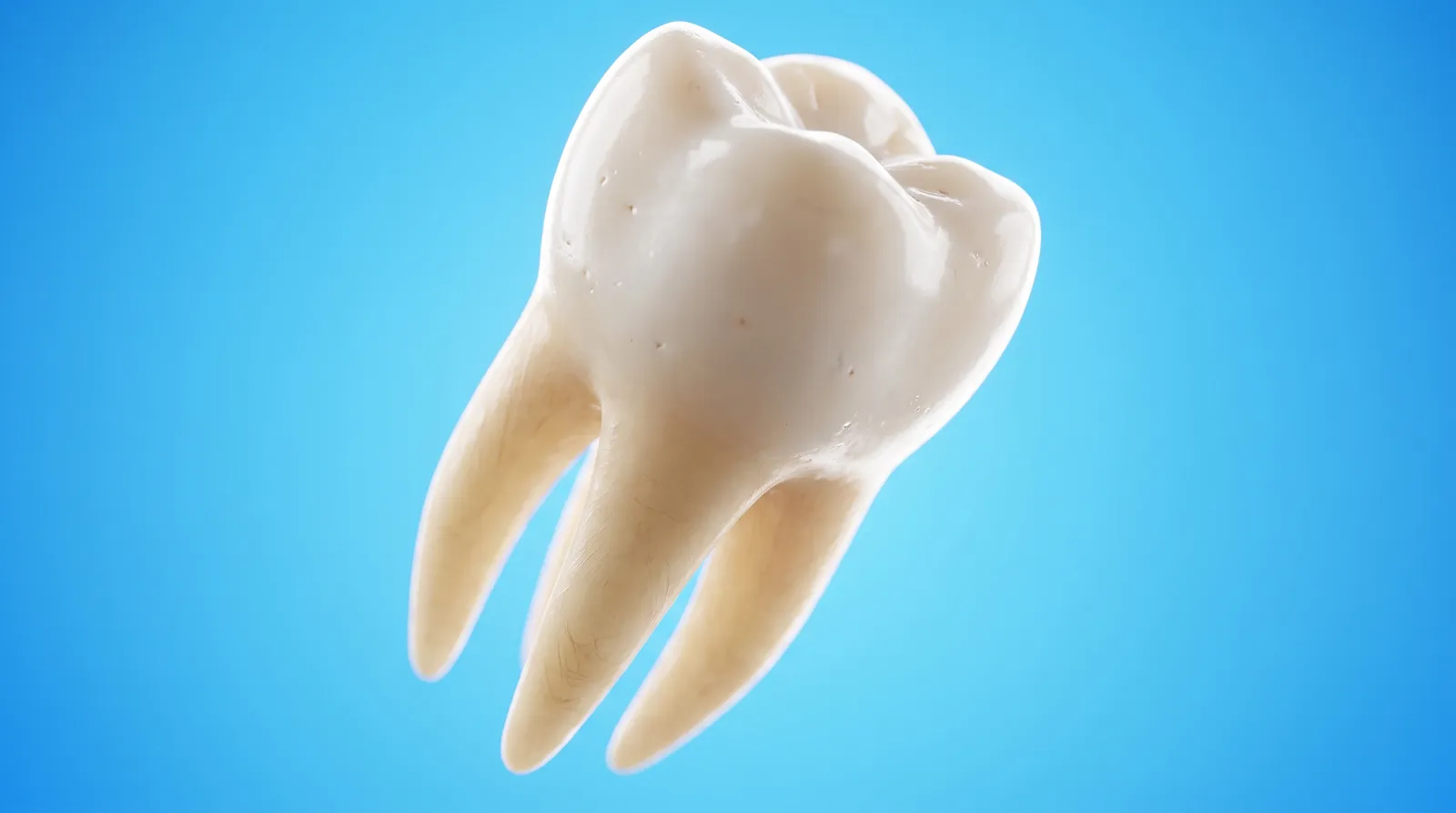 A single molar with its long roots, floating against a blue background