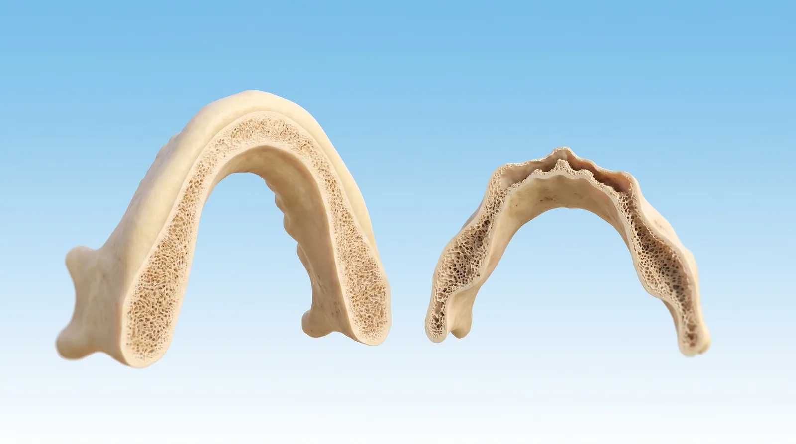 Two jawbones side by side, one full and rounded, the other lower and thinner