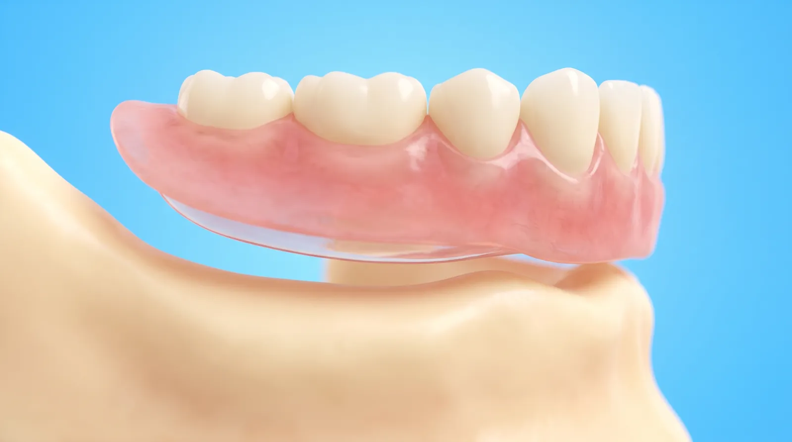 A partial denture resting on a bare gum ridge with a gap of air underneath it