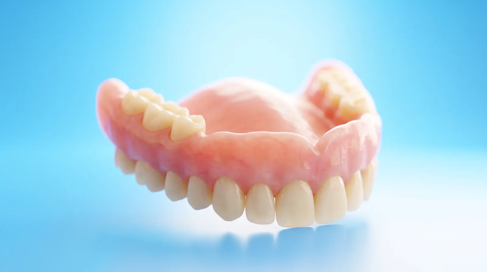 A full upper denture resting on its own, tilted slightly off level