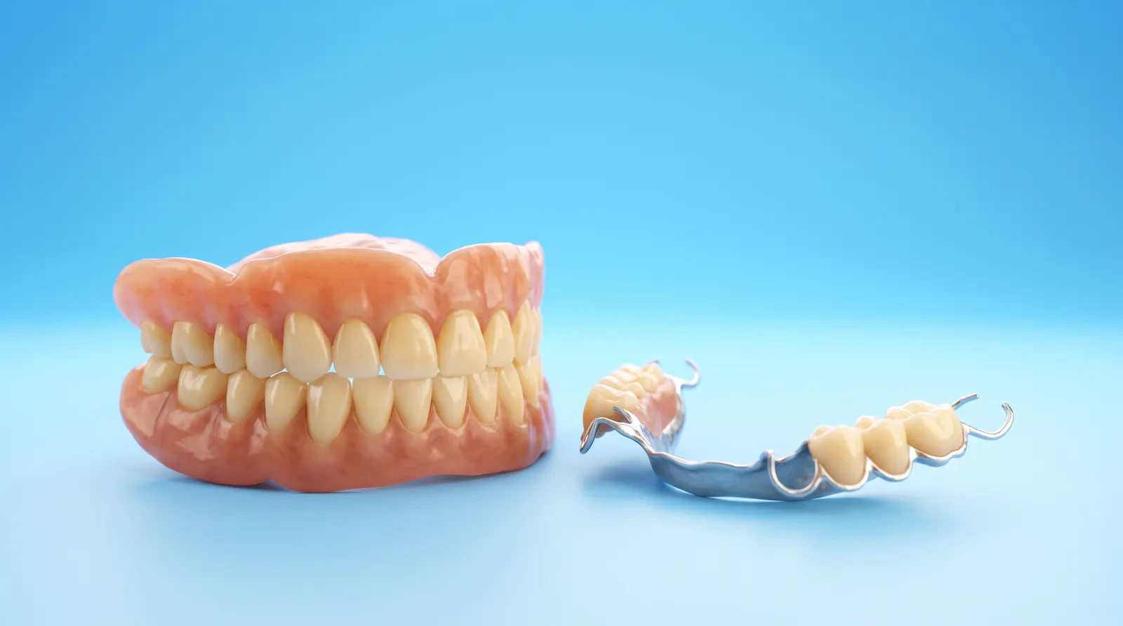 A full denture and a partial denture resting side by side, both clean and finished