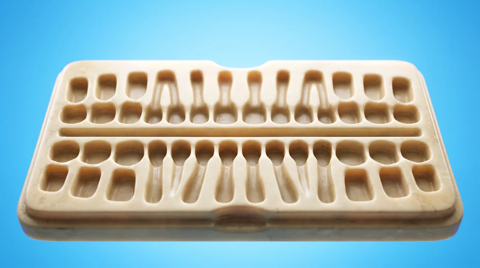A blank empty dental chart tray with slots for teeth, all of the slots empty