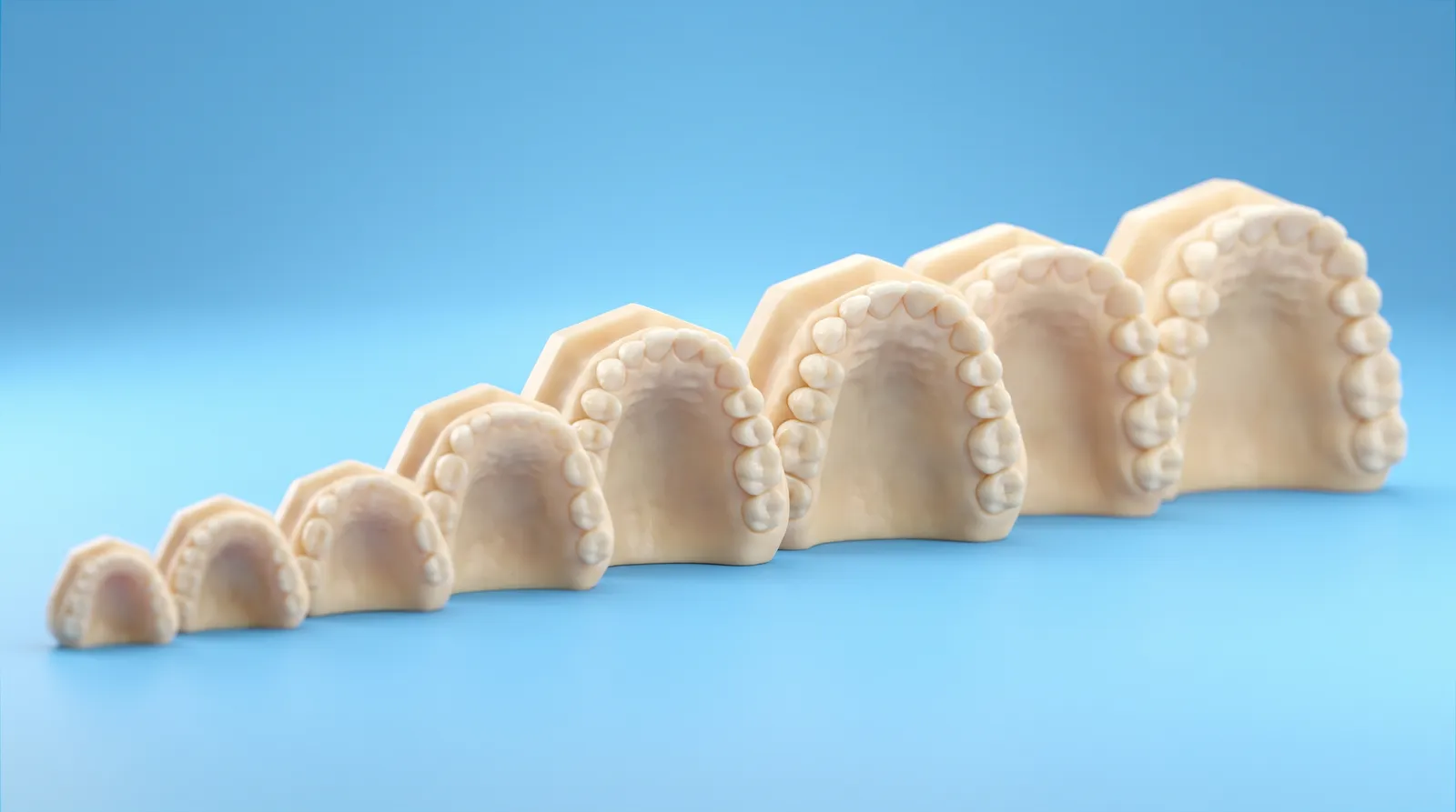 A row of dental arch models of graduated sizes, from a small child's to an adult's, in a neat family line