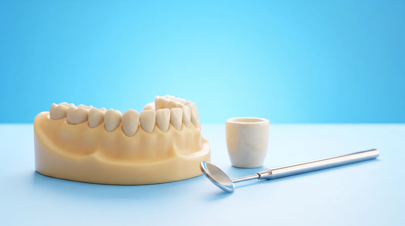 A dental arch model beside a small polishing cup and a mirror, laid out ready