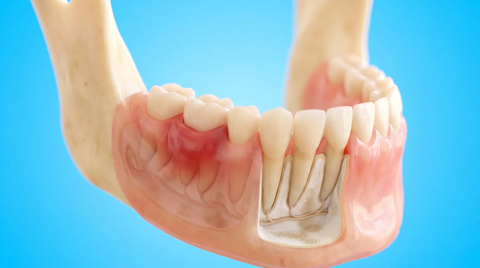 A cut-through gum model with one section swollen and deep red along the tooth
