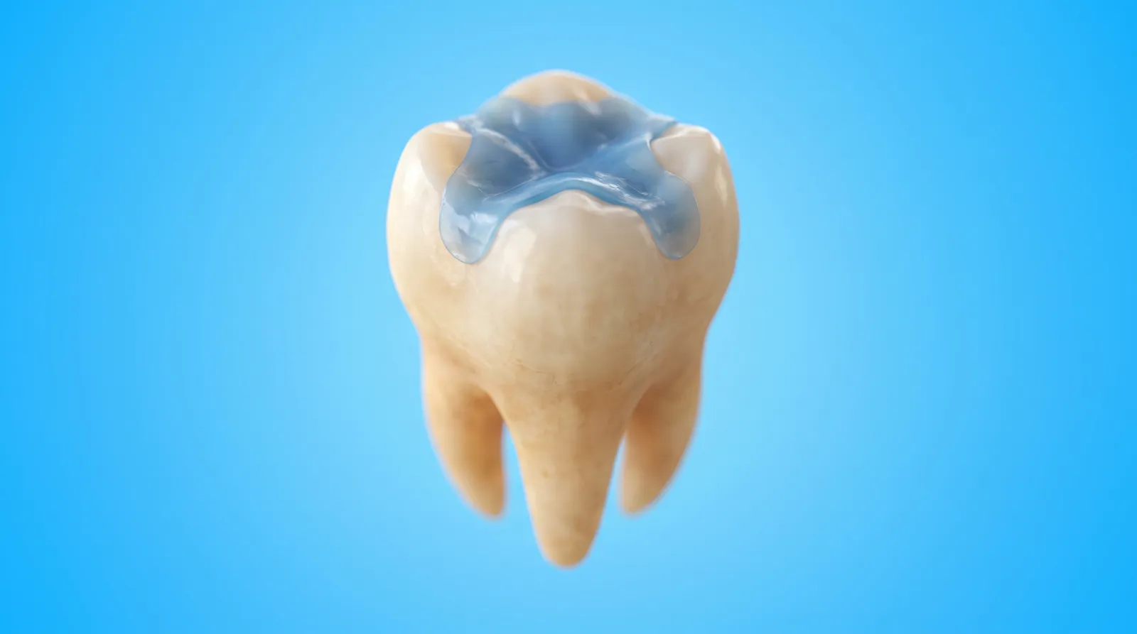 A molar with an oversized filling filling most of its biting surface, its edges thin
