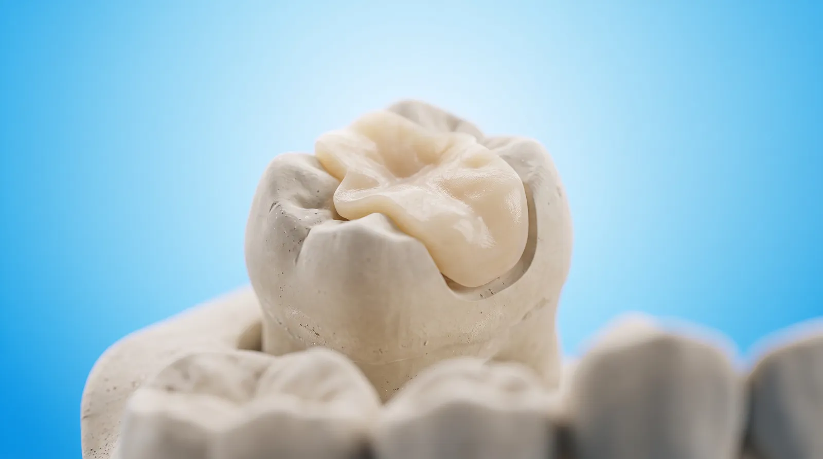 A finished tooth coloured onlay resting on a small dental die model