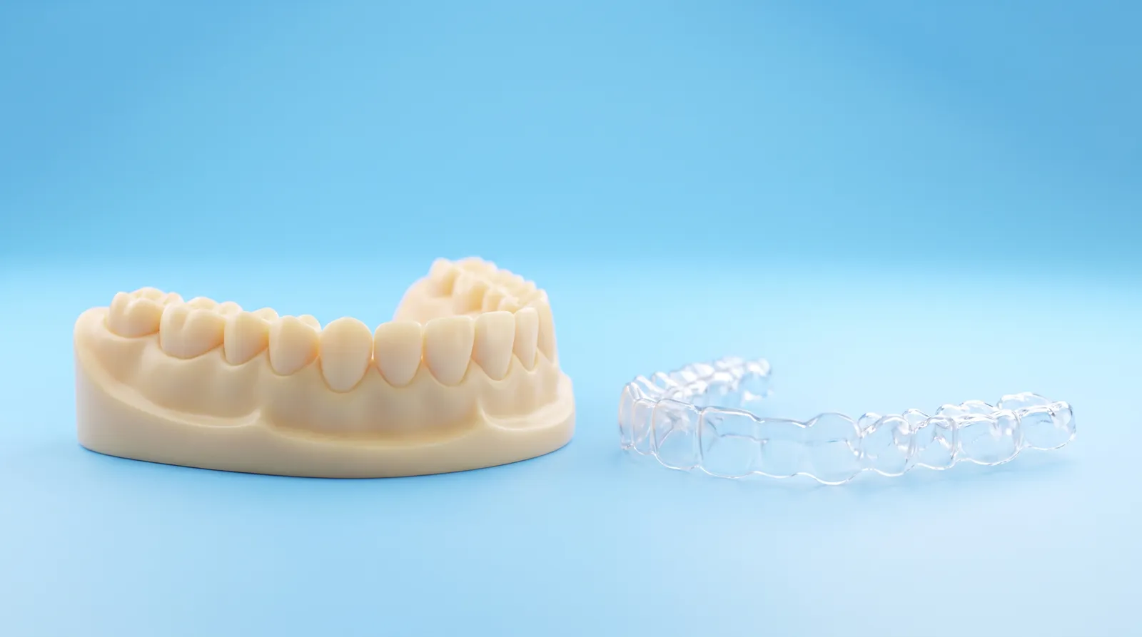 A model of a lower jaw with a clear aligner tray lying beside it, not fitted