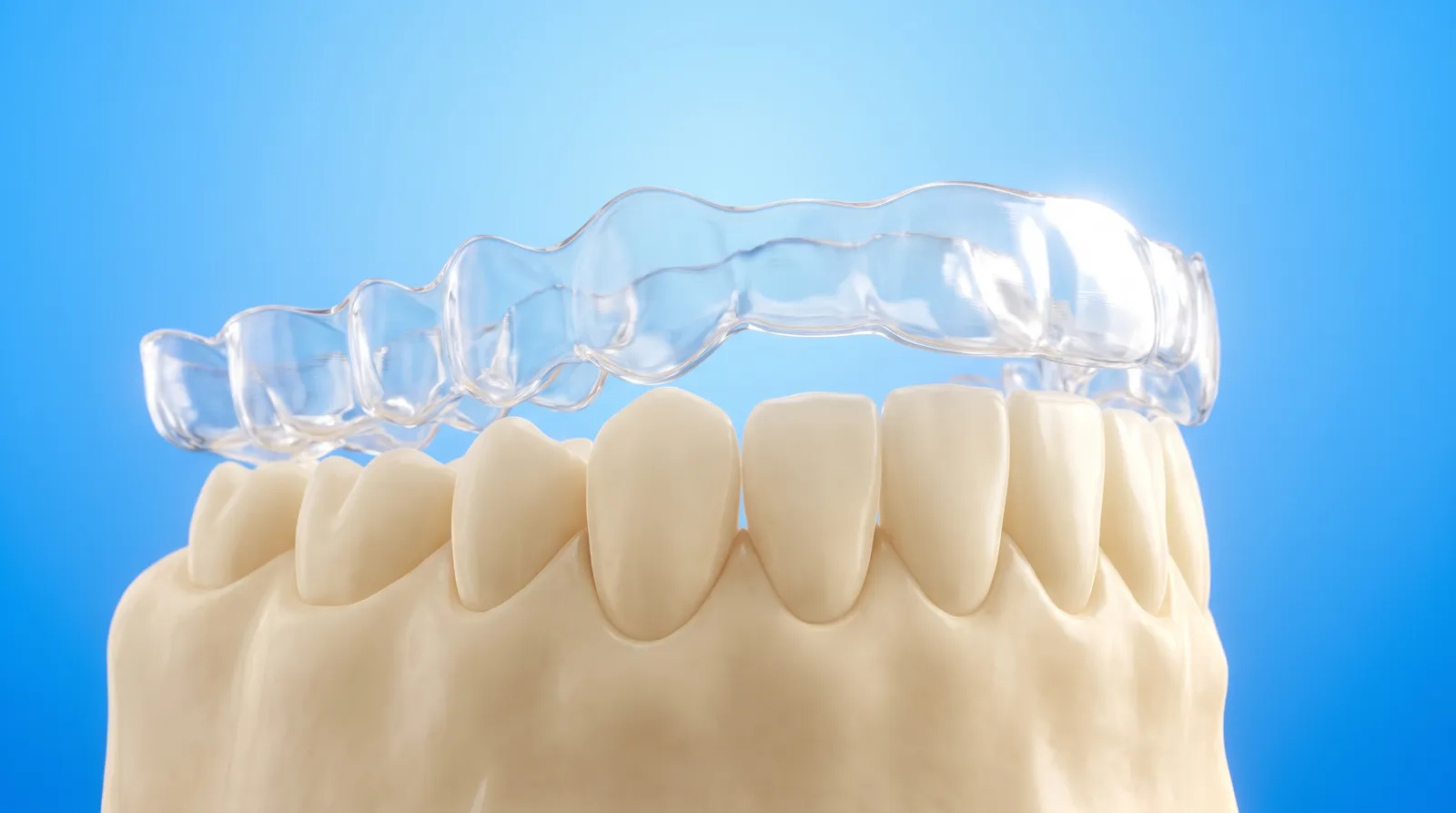 A clear aligner tray seated down over a model of a jaw, hugging each tooth