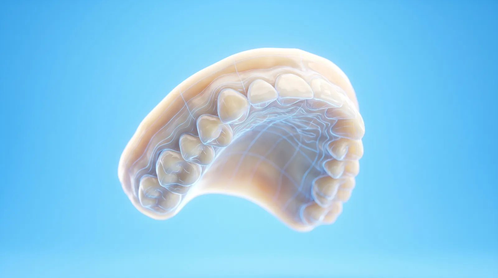 A see-through scan model of a jaw with fine contour lines across its surface