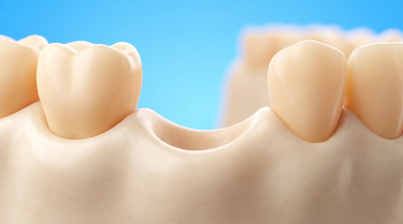 An empty gum ridge with a clean gap between two standing teeth