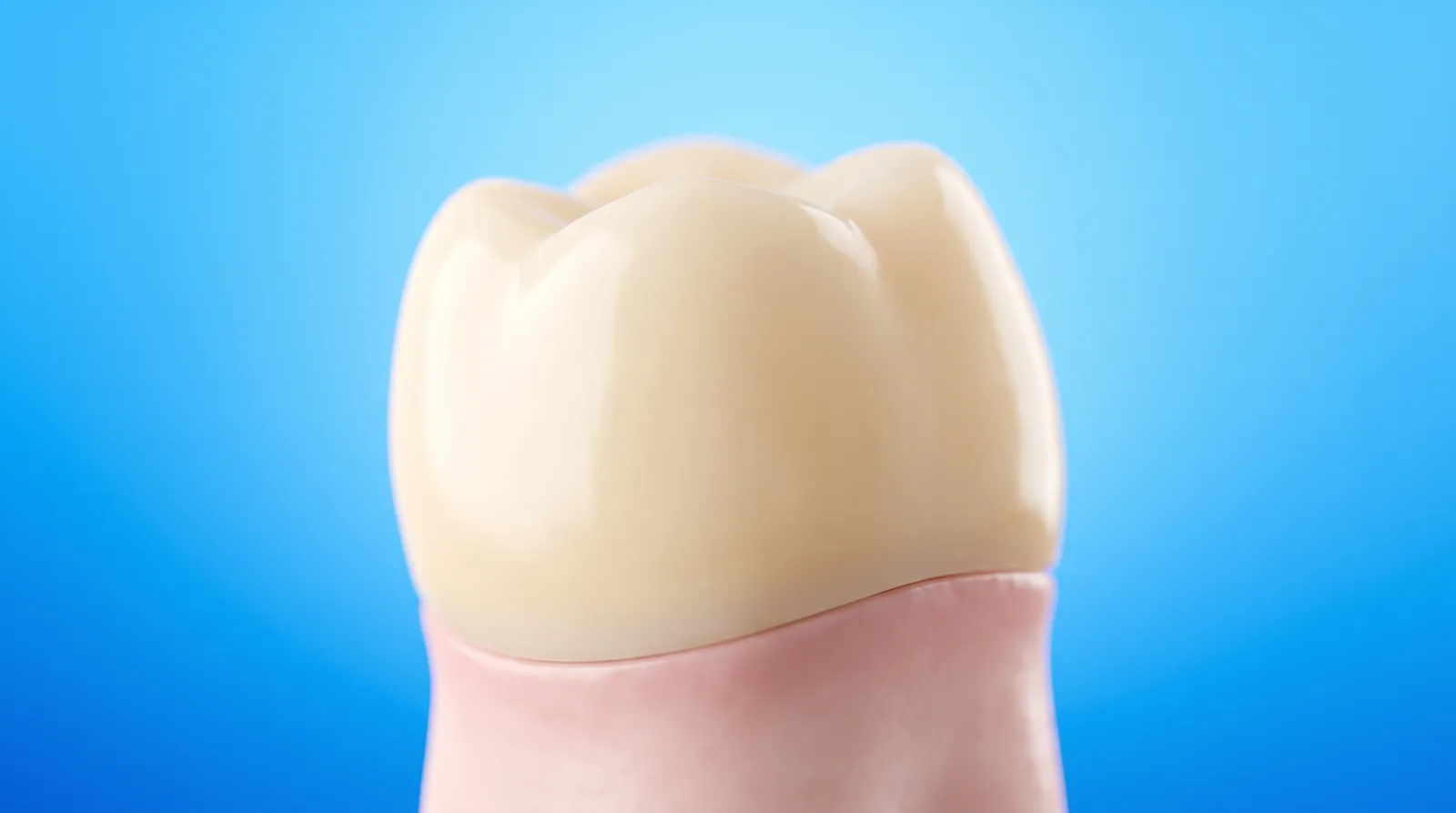 A smooth ceramic crown seated fully down over a molar, covering the tooth beneath it