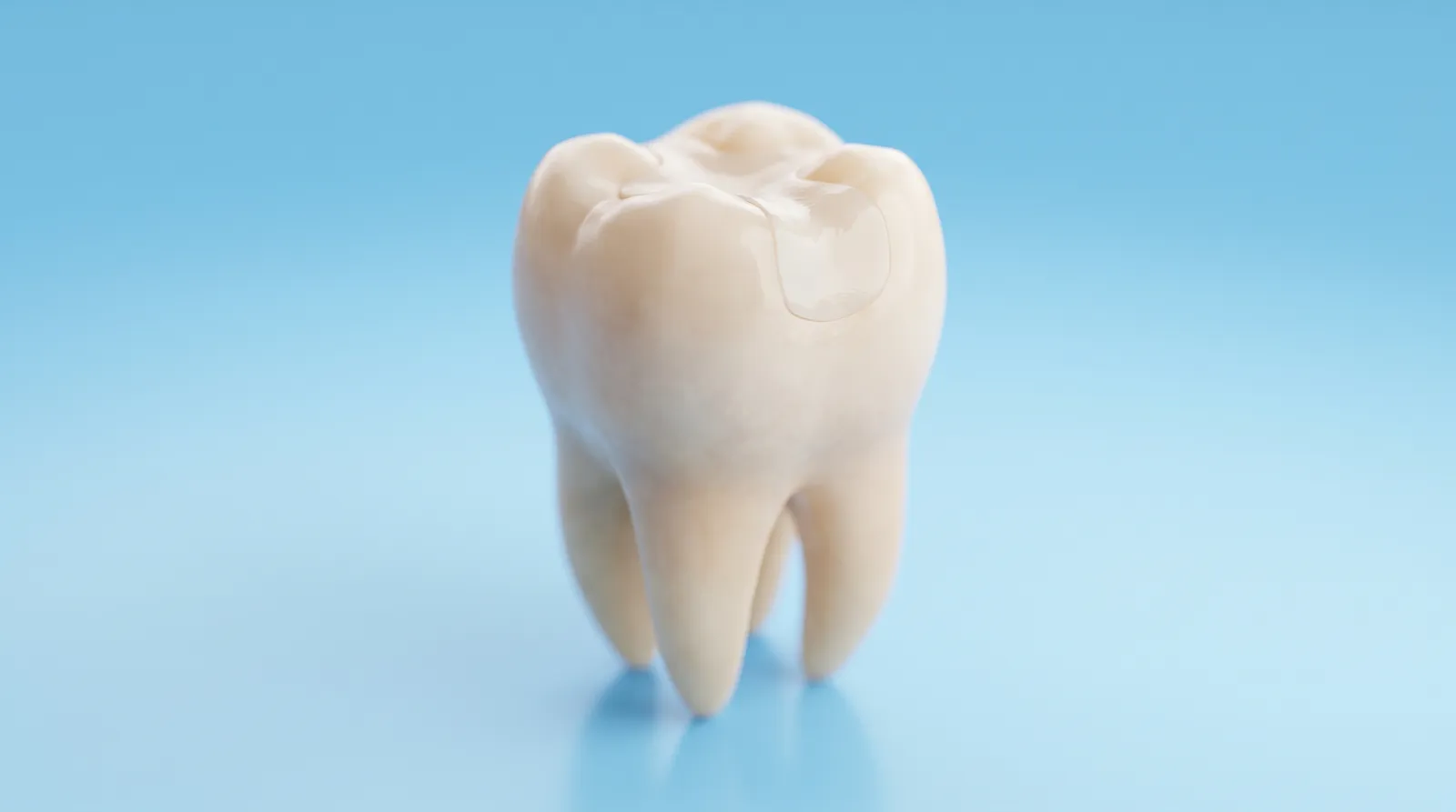 A single restored molar standing whole and sound, seen from a low angle
