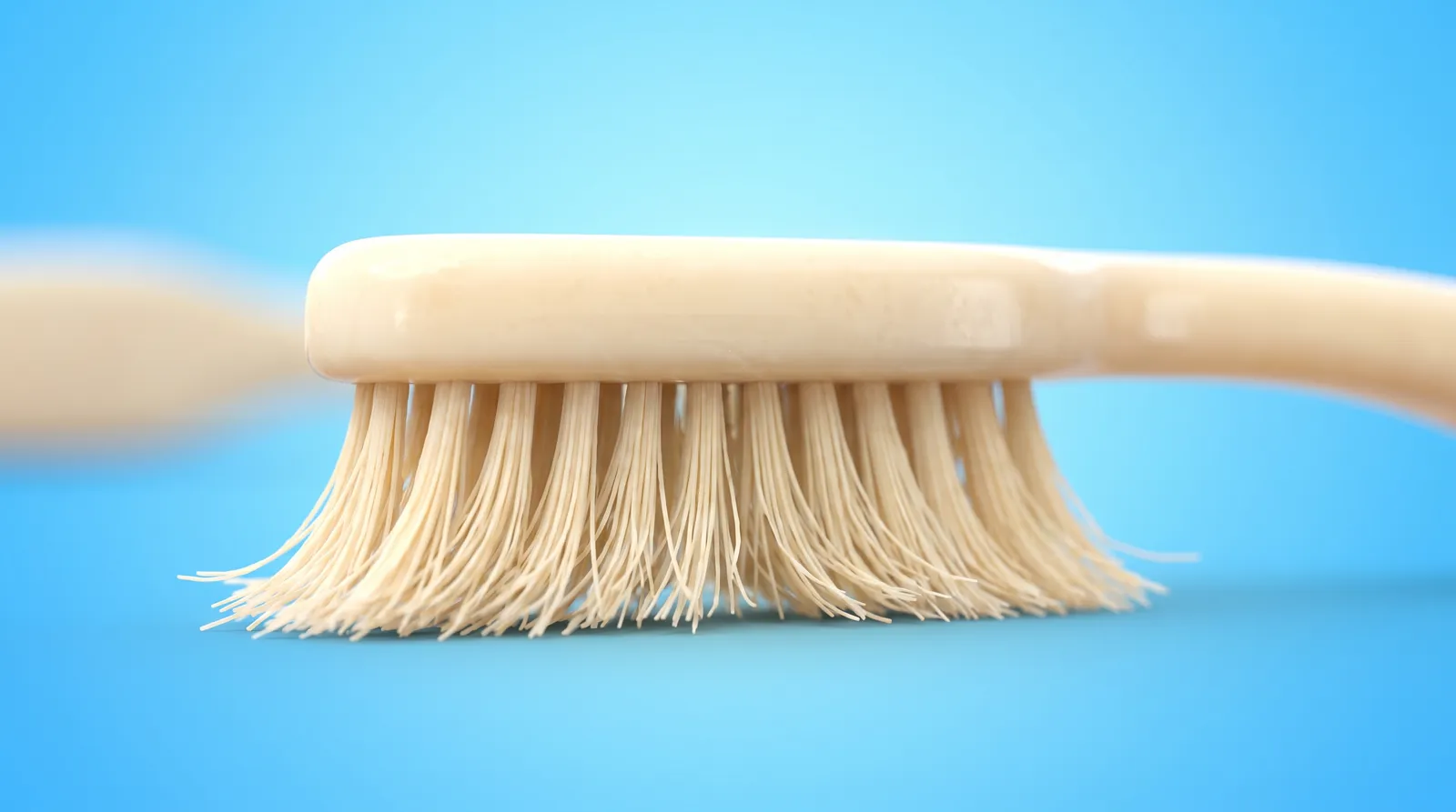 A toothbrush head with its bristles splayed out flat and worn