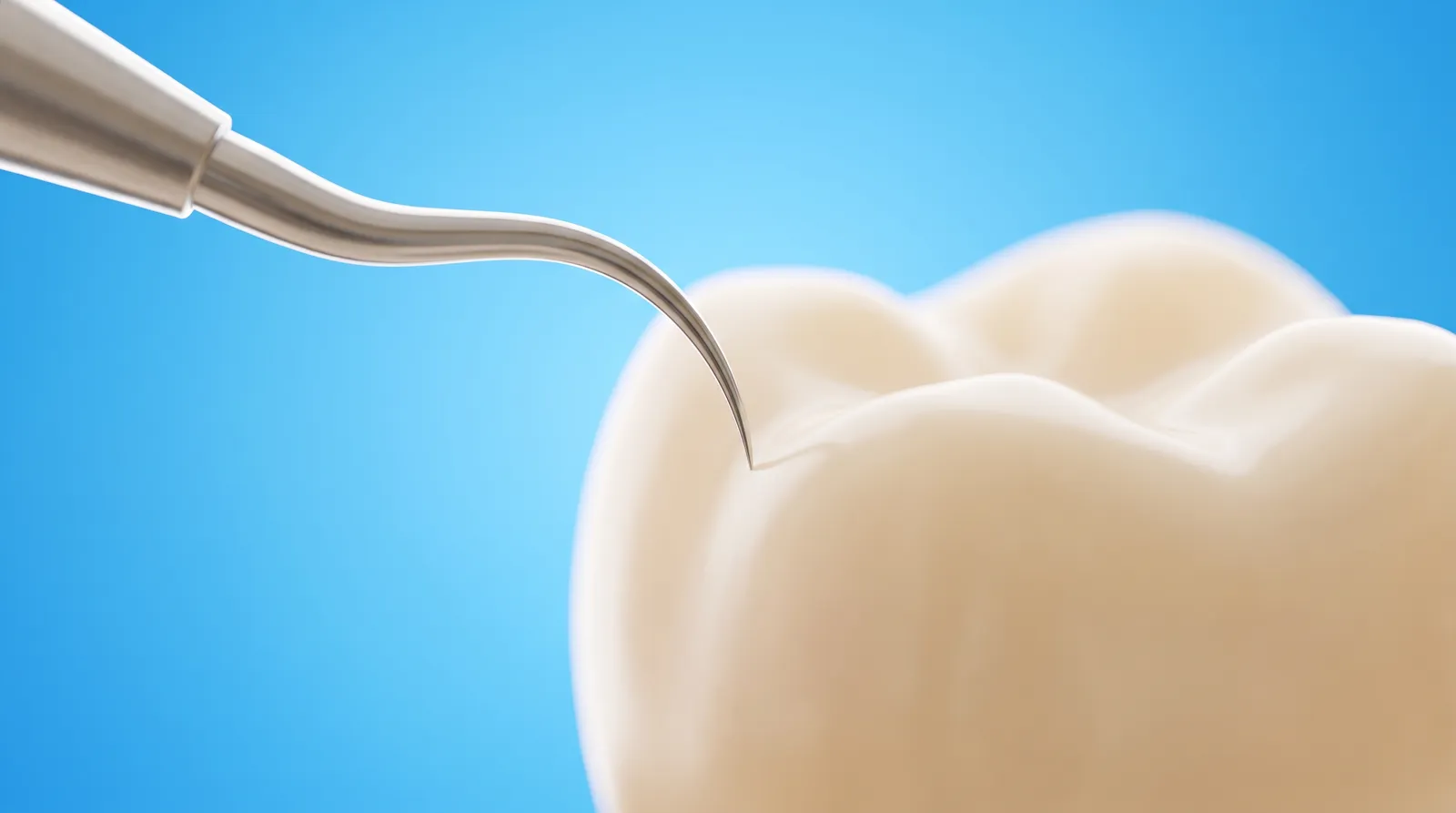 A dental scaler tip resting against the smooth clean side of a tooth