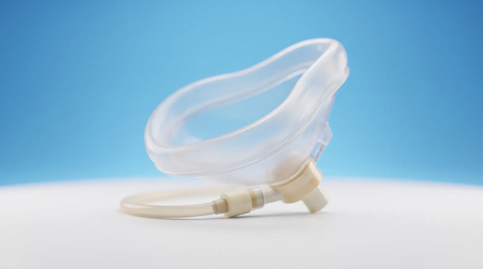 A soft clear oxygen mask resting on a clean surface, seen from a low angle