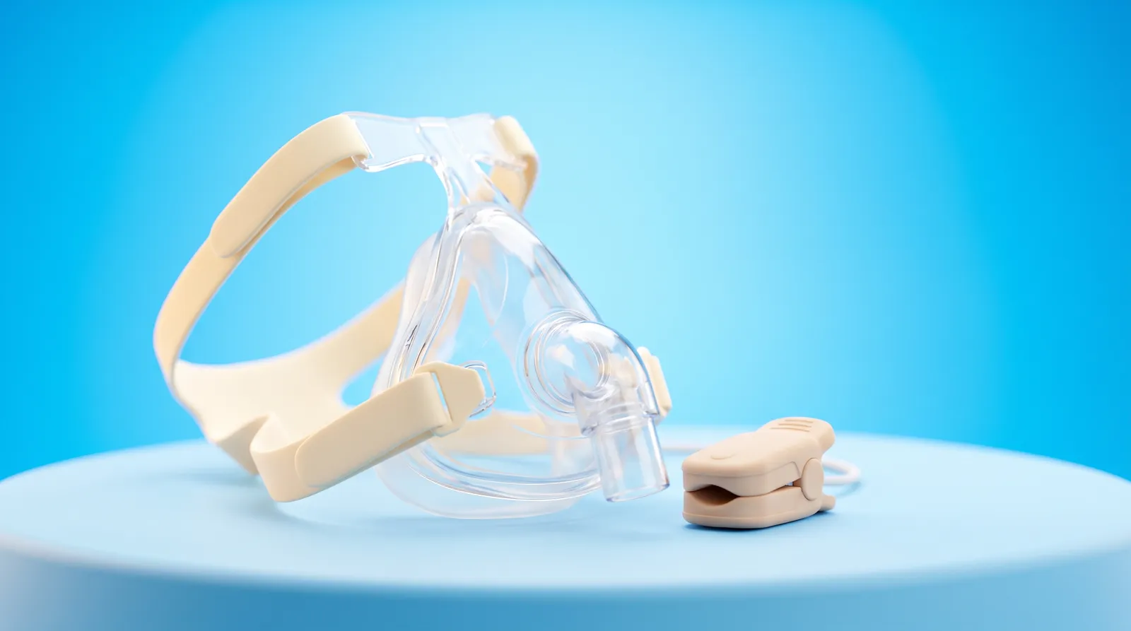 A small clear breathing mask and a soft pulse monitor clip resting together