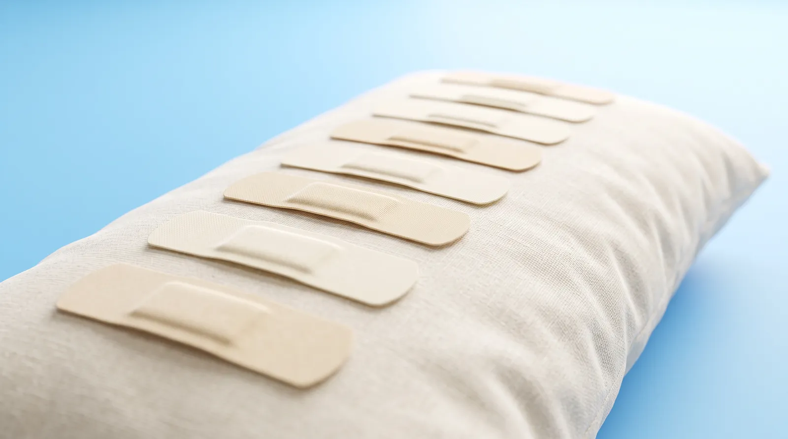 A row of small nasal strips and a plain pillow, arranged in a line