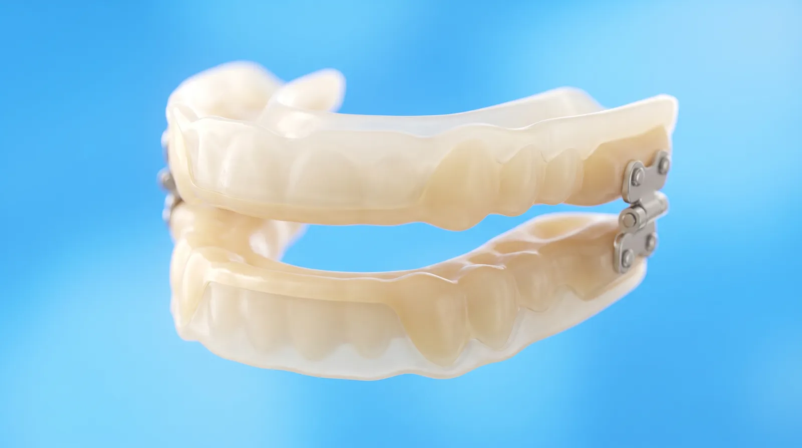 A two piece custom dental sleep device with upper and lower trays joined at the sides