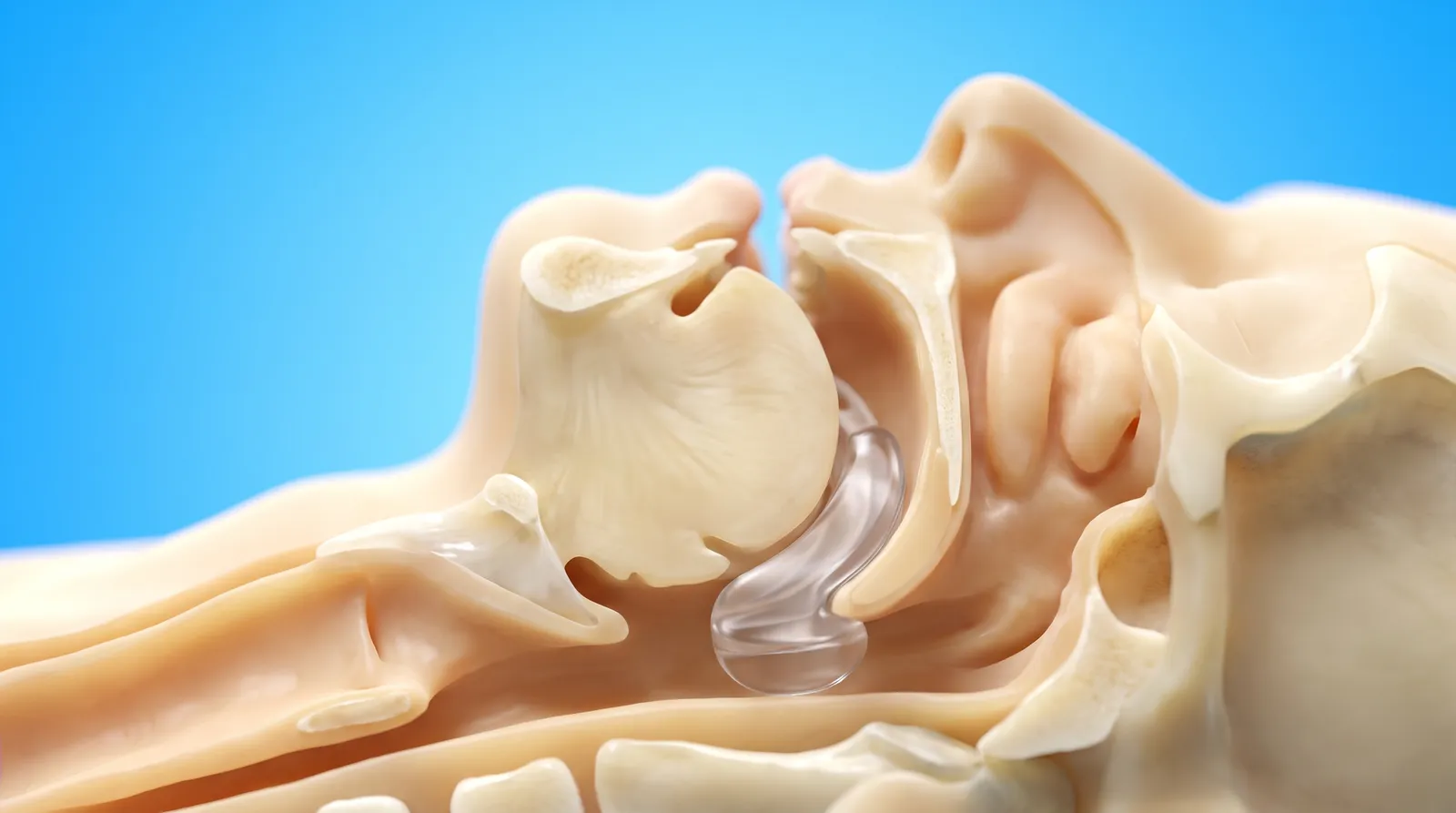 A cut-through side view of an airway held open and rounded, with a dental device in place