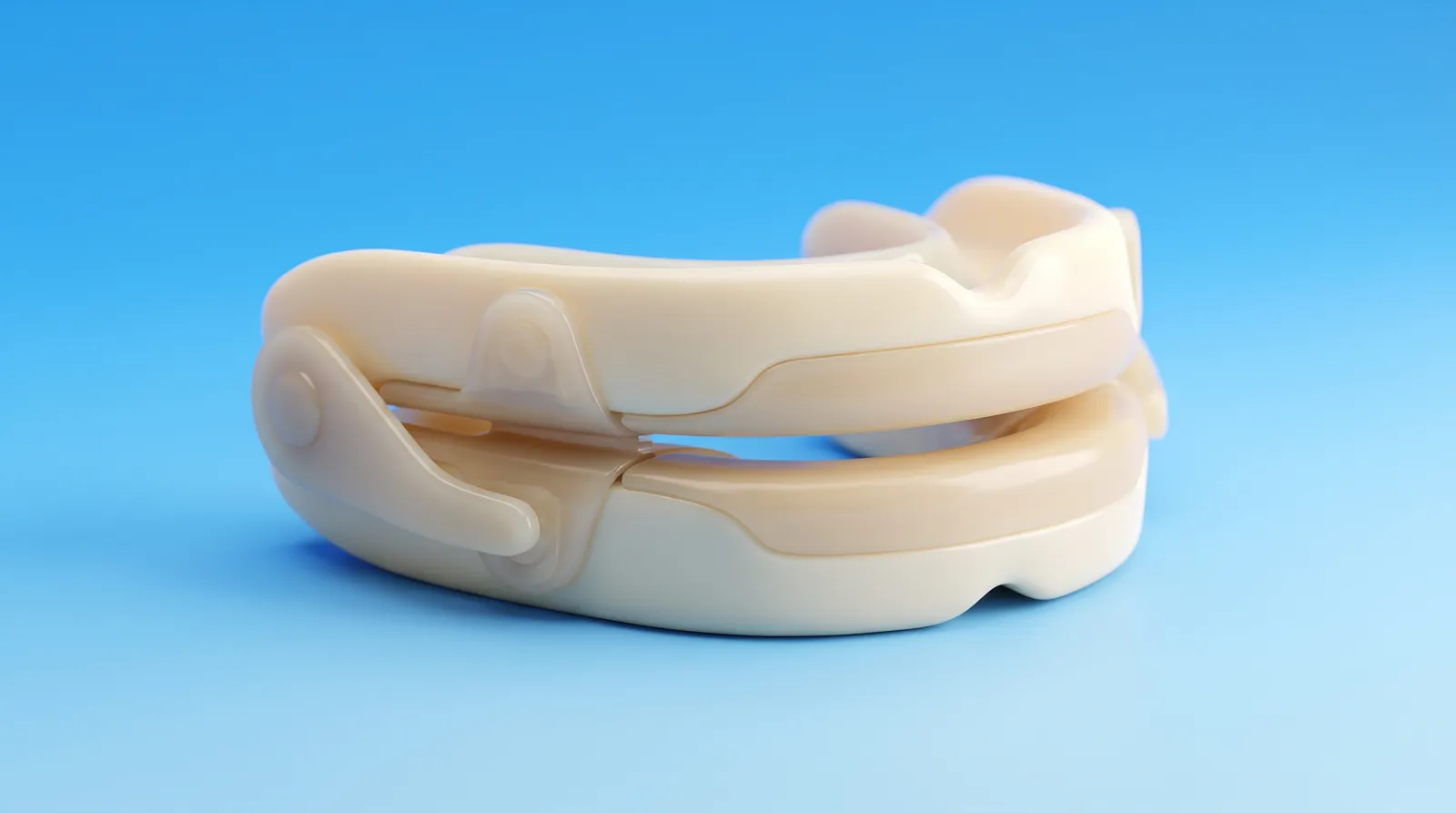A custom made dental sleep device resting closed, smooth and finished