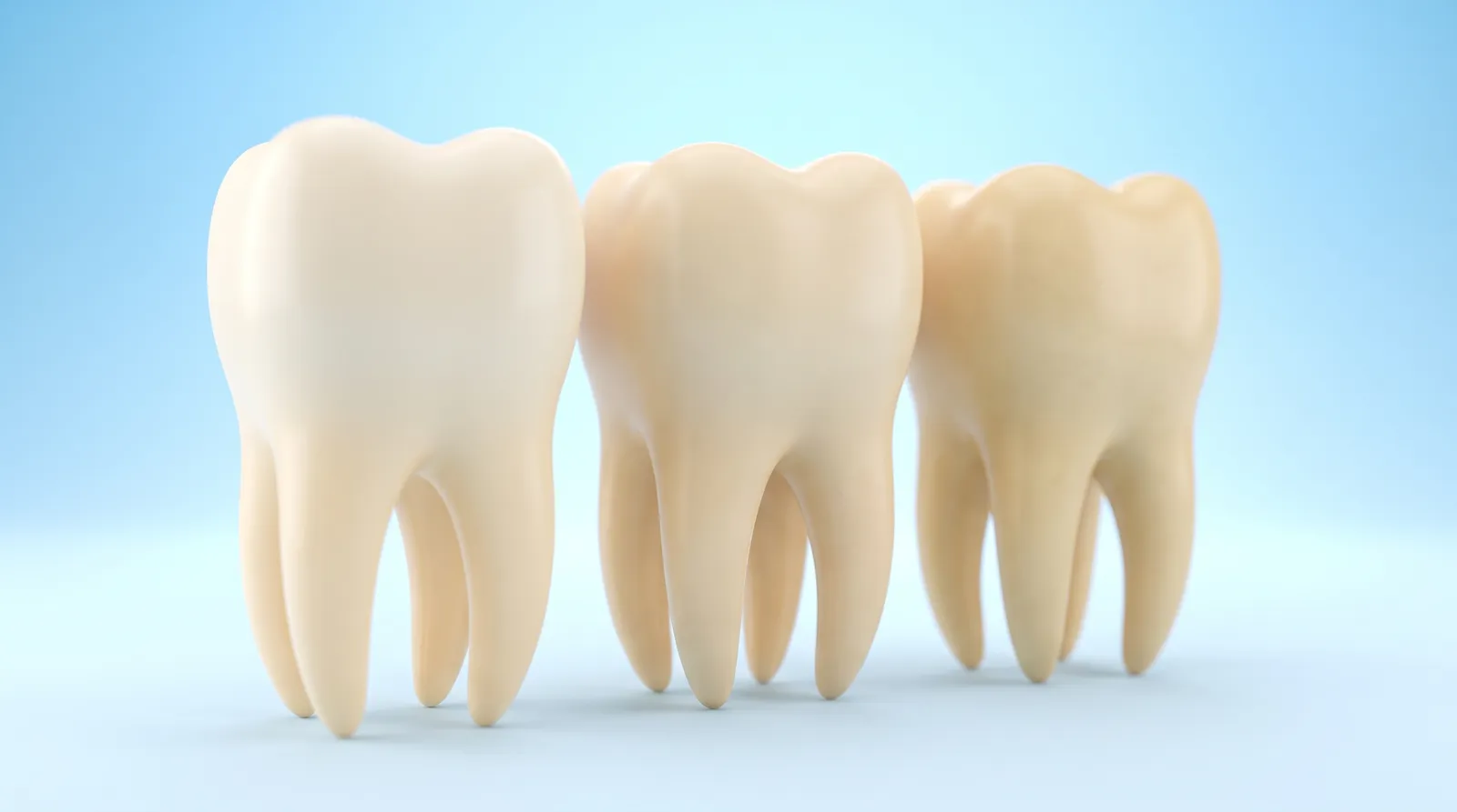 Three tooth models in a line, each a slightly different colour from its neighbour