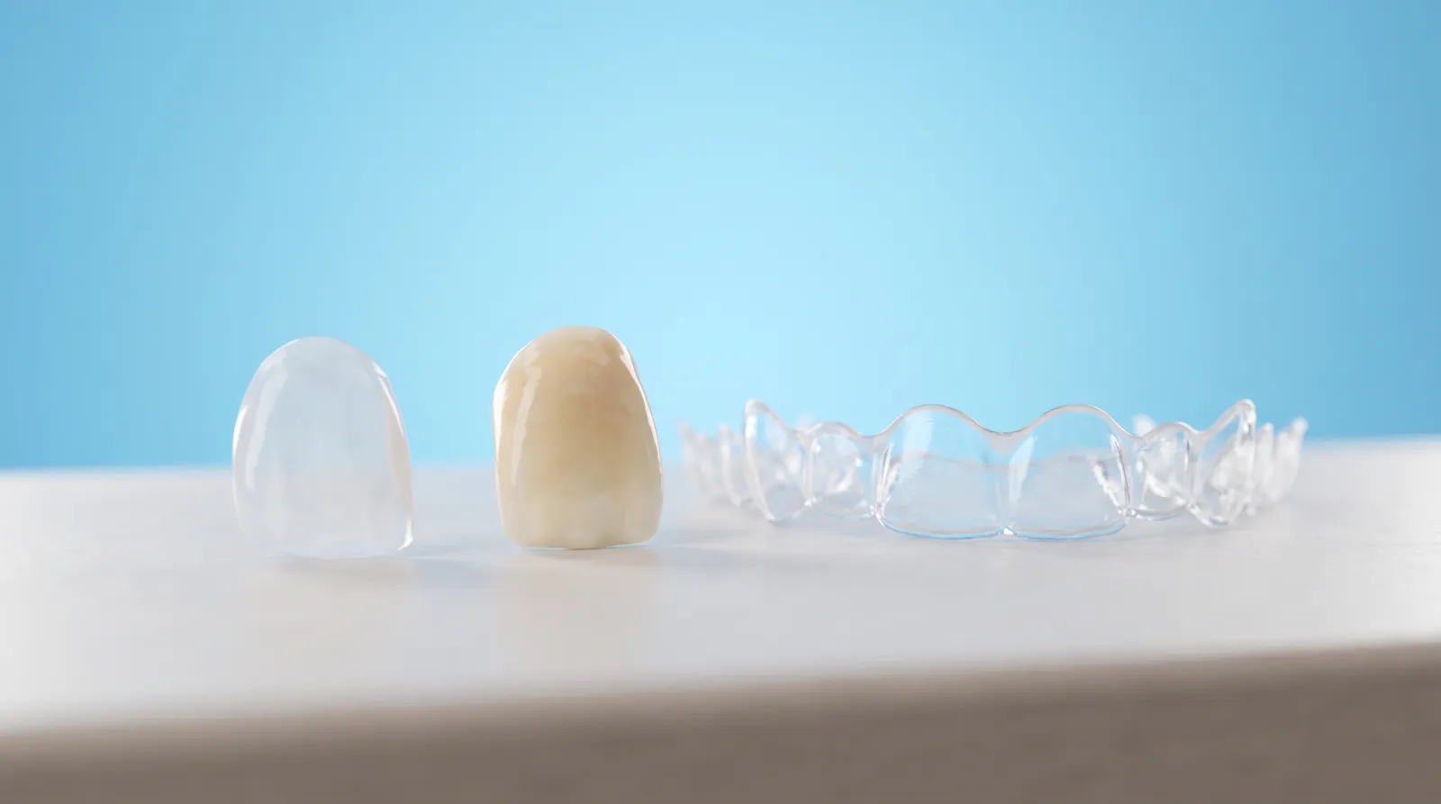 A porcelain veneer shell, a ceramic crown and a clear whitening tray laid out in a neat row